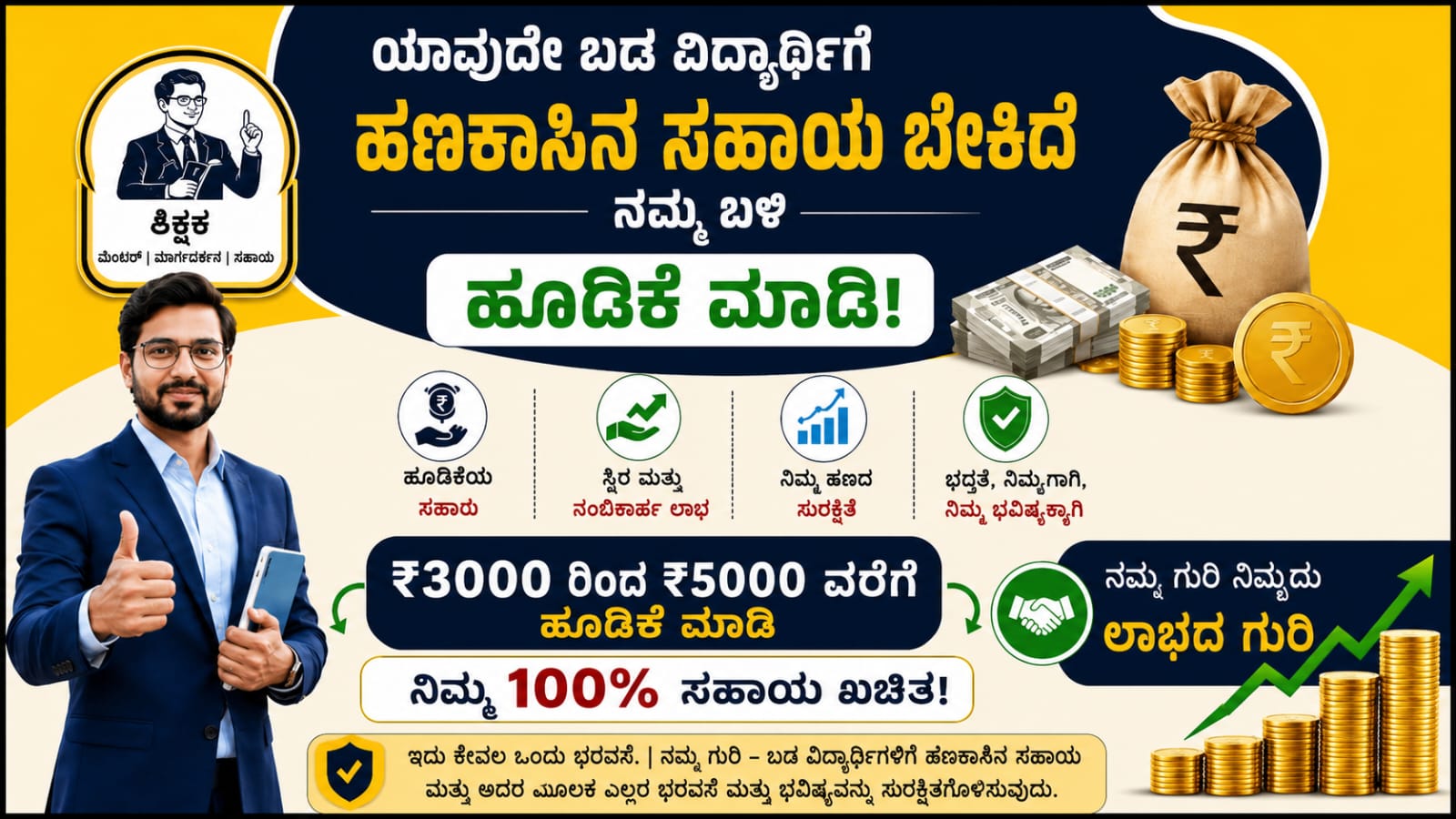 ಎಲ್ಲಾ ಬಡ ವಿದ್ಯಾರ್ಥಿಗಳು 3000 ರೂ. ಹೂಡಿಕೆ ಮಾಡಿ, 45 ನಿಮಿಷ ಕಾಯಿರಿ ಮತ್ತು 12000 ರೂ. ಪಡೆಯಿರಿ, ನಿಮ್ಮ ಹಣ ನನ್ನ ಜವಾಬ್ದಾರಿ.